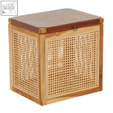 Natural wood and cane leather storage box with a brown leather top for stylish storage and side table use