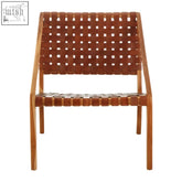 Kendari tan woven leather and teak chair with brown tan woven leather seat and wooden frame
