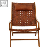 Kendari teak wood woven leather chair in brown with wooden frame and matching cushion for stylish seating