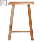 A simple light brown kendari teak wood stool with a flat seat and four angled legs perfect for any room