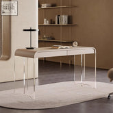 Modern minimalist kenji office desk with a sleek beige top, transparent acrylic legs, and two drawers for storage