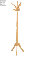 Kennedy natural finish light wooden coat stand with slender pole and three curved hooks for hanging coats