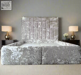 Silver-gray velvet bed with tufted quilted headboard and matching frame in kensington headboard style
