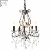 Kensington townhouse black wrought iron bulbs chandelier with clear oval glass crystal droplets and candle-style bulbs