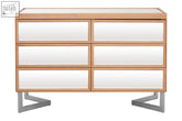 Modern kensington townhouse drawer chest with mirrored fronts framed in light oak and silver metal legs