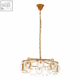 Kensington townhouse gold-toned 8 bulb pendant light with textured clear glass discs and circular metal frames