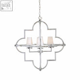 Silver quatrefoil arabesque pendant light with four frosted glass shades for kensington townhouse lighting