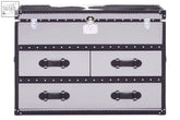 Kensington townhouse black and white drawer cabinet with leather trim, steel clasps, and studded vintage-style trunk design