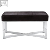 Black hair leather bench with tufted seat and sleek chrome x shaped base from kensington townhouse black collection