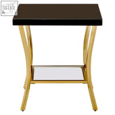Kensington townhouse black mirror side table with black glass top gold toned curved legs and mirrored shelf
