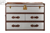 Kensington townhouse brown and white cowhide cabinet with white cowhide and brown leather trim brass hardware trunk dresser