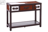 Kensington townhouse brown and white genuine cowhide drawer table with black metal frame and hardware top console table