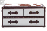 Kensington townhouse brown and white genuine cowhide coffee table with white trunk, brown cowhide top, and dark leather handles