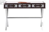 A sleek kensington townhouse brown and white genuine cowhide console table with leather drawers and black metal handles