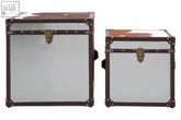 Kensington townhouse brown and white genuine cowhide storage trunk with white mirrored surface brown leather trim and brass hardware