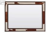 Rectangular genuine cowhide wall mirror with a rustic patchwork frame in brown and white genuine cowhide materials