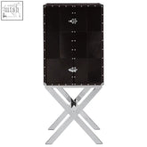 Black leather drinks cabinet with silver rivets and chrome cross base from kensington townhouse cross base collection