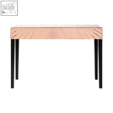 A sleek kensington townhouse earl console table with rose gold mirrored top and black slender legs