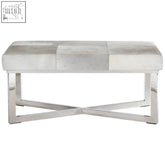 Silver-toned kensington townhouse leather bench with grey hair patchwork upholstery and chrome x-shaped legs
