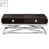 Black leather hide coffee table with silver metal frame and cross-braced base from Kensington Townhouse collection