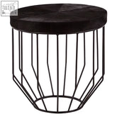 Kensington townhouse hair on hide top round side table with black metal wireframe and dark textured circular top