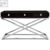 Black kensington townhouse hair on leather 3 drawer console table with chrome x base drawer console table