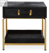 Black suede finished leather bedside table with gold tone metal frame and drawer handle from Kensington Townhouse