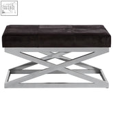 Dark brown leather cross base bench with tufted seat and sleek chrome x-shaped base for kensington townhouse