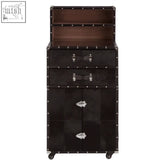 Black leather-trimmed kensington townhouse drinks cabinet with silver rivets and casters for stylish storage