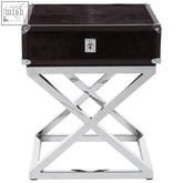 Kensington townhouse hair black leather-trimmed nightstand with chrome x-shaped base and silver-toned lock
