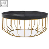 Kensington Townhouse gold-toned wireframe round coffee table with sleek black stone leather round coffee top
