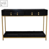 Black kensington townhouse hair leather two drawer console table with gold-tone legs and suitcase style drawers