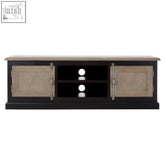 Black kensington townhouse media console with two light wood doors and matching top in townhouse media unit style