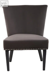 Dark gray velvet kensington townhouse mink winged dining chair with tufted back and nailhead trim on seat edge