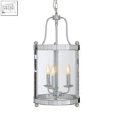 Silver-finished kensington townhouse rectangular pendant light with clear glass panels and four candle-style bulbs