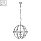Chrome finished rounded pendant light with spherical shape intricate geometric ring design and chain suspension