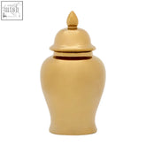 Kensington townhouse small gold ceramic jar with a tapered top and matching lid in shiny golden finish
