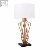 Kensington Townhouse table lamp with copper wire geometric base, white fabric shade, and black marble base