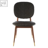 Kenso black leather dining chair with chevron quilted velvet seat and walnut wood legs with gold caps