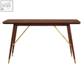 Mid-century modern kenso console table with rich walnut top and gold-toned metal supports for stylish storage