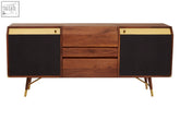 Mid-century modern kenso sideboard with rich walnut wood, black panel doors, gold-tone hardware, and deep central drawer