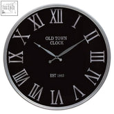 Kent black and silver wall clock with silver roman numerals metallic frame and old town clock text est 1863 silver wall clock