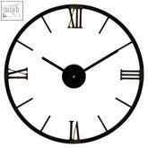Kent round black metal wall clock with minimalist black roman numerals and thin hands in black metal wall design