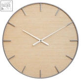 Kent silver and natural wall clock with a minimalist light wood grain face and slim silver hour markers natural wall clock