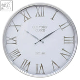 Kent white and silver wall clock with silver frame white face roman numerals and old town clock branding silver wall clock