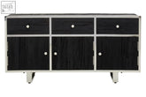 Kerala black sideboard with black wood grain finish, stainless steel frame and legs, three drawers and cabinet doors