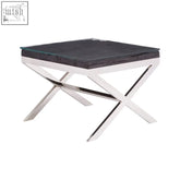 Kerala black end table with sleek black stone top and polished chrome cross base for modern living spaces