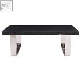 Black rectangular coffee table with sleek chrome u-shaped base perfect as a modern base coffee table
