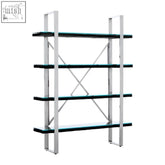 Modern chrome-finished metal bookshelf with four glass shelves and diagonal braces for kerala black wood four use