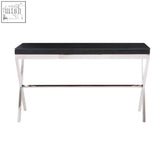 Modern kerala console table with sleek black top and polished chrome crossed legs, no clear glass used